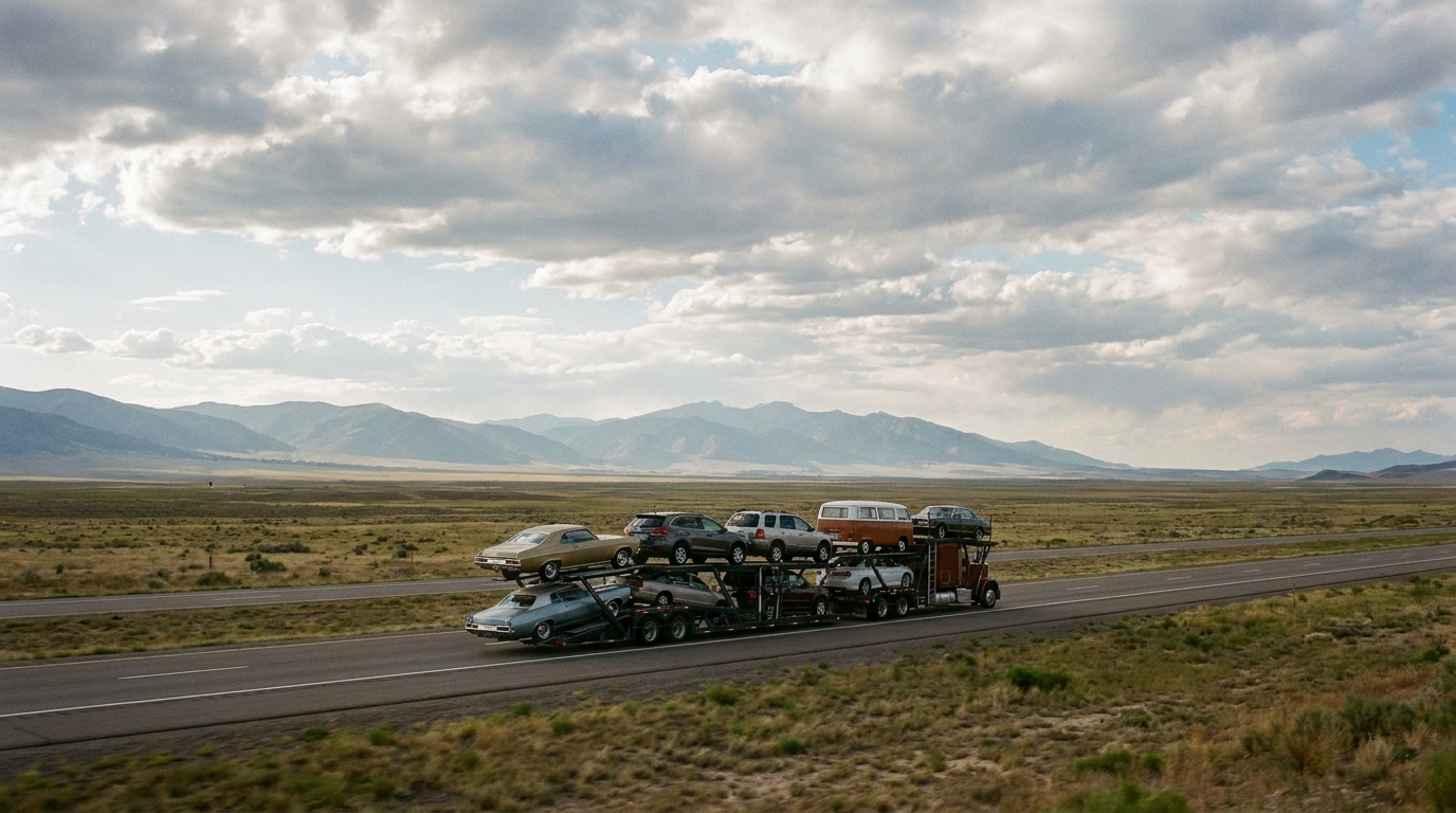 A loaded auto carrier crossing a long open highway toward mountains, illustrating multi-day cross-country transit