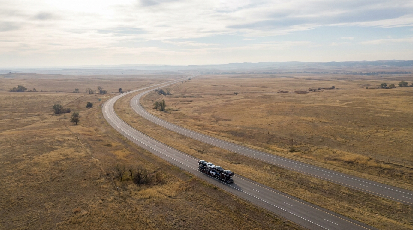A single vehicle riding on an open carrier along a long stretch of open interstate highway, emphasizing distance