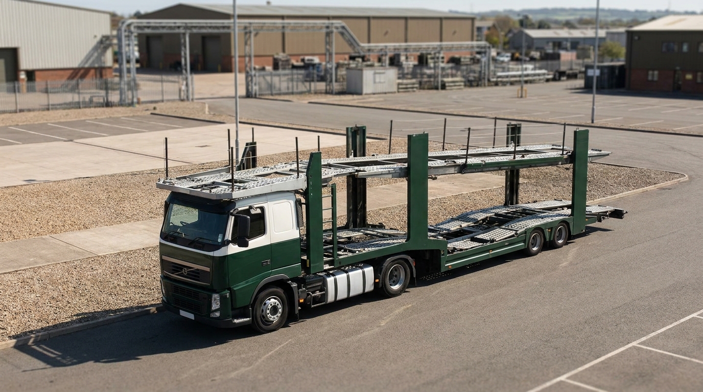 A clean, legitimate open car carrier parked at an organized depot, representing a verified real carrier