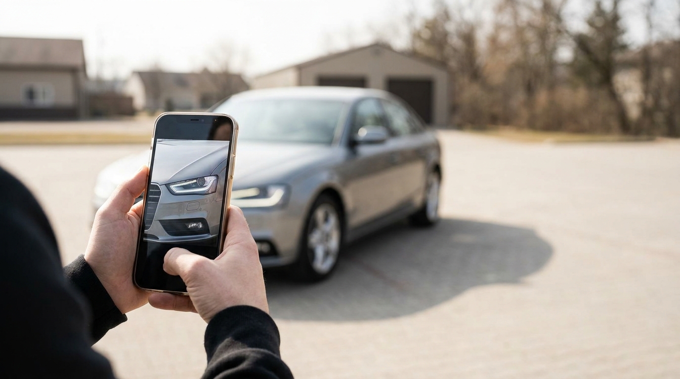 A person photographing the front bumper of a clean car with a smartphone in bright daylight before shipping