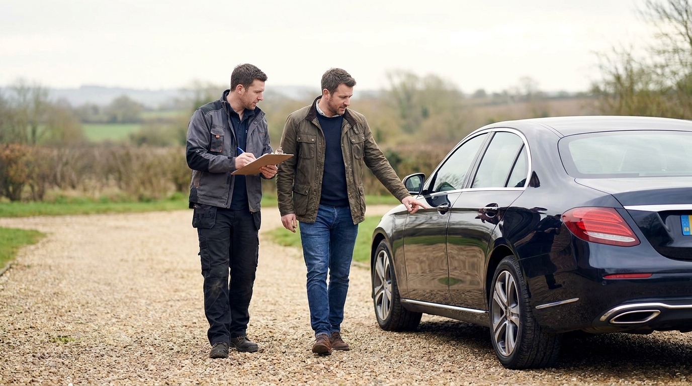 A driver and vehicle owner walking around a car together noting its condition on a clipboard at pickup