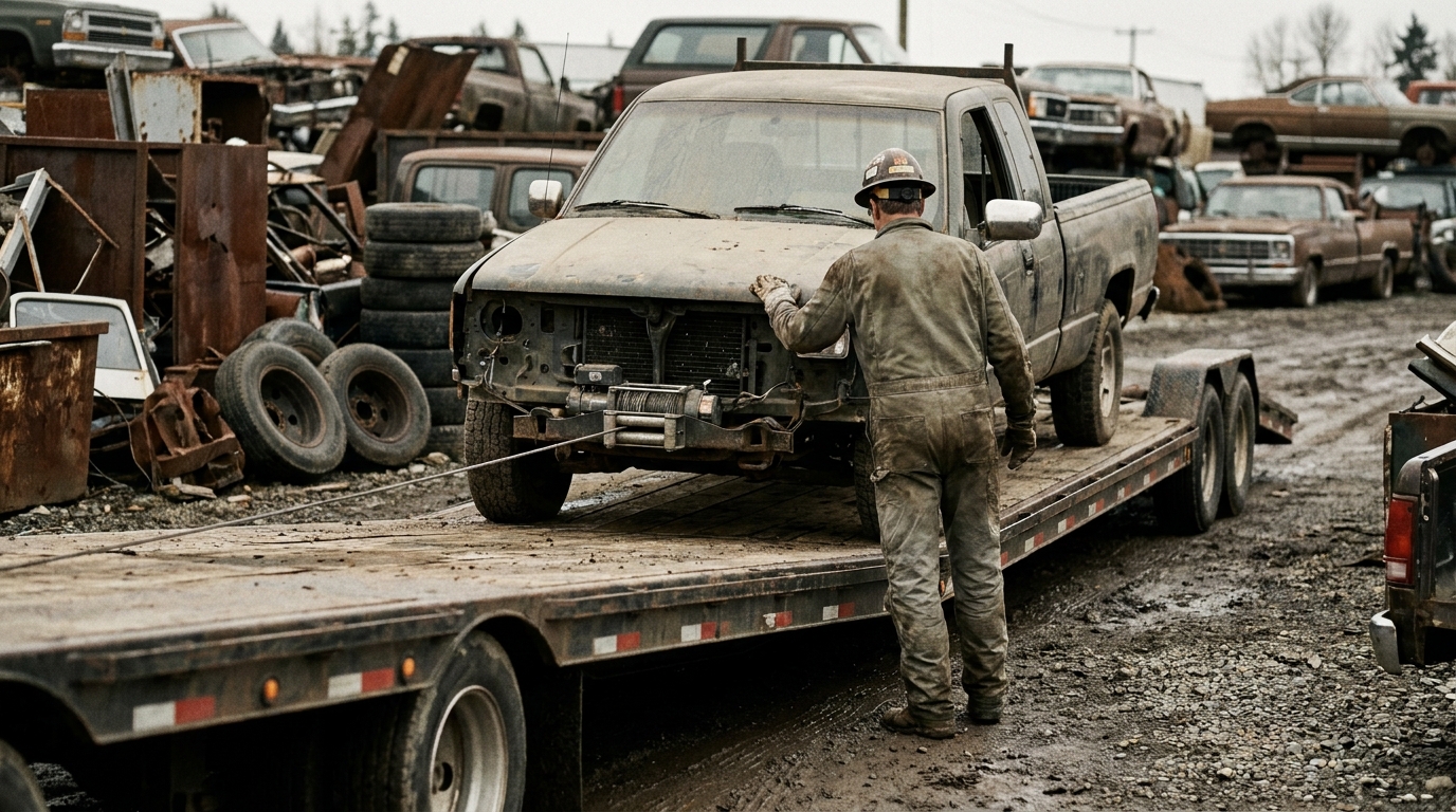 A worker guiding a non-running vehicle onto a flatbed carrier at a salvage yard