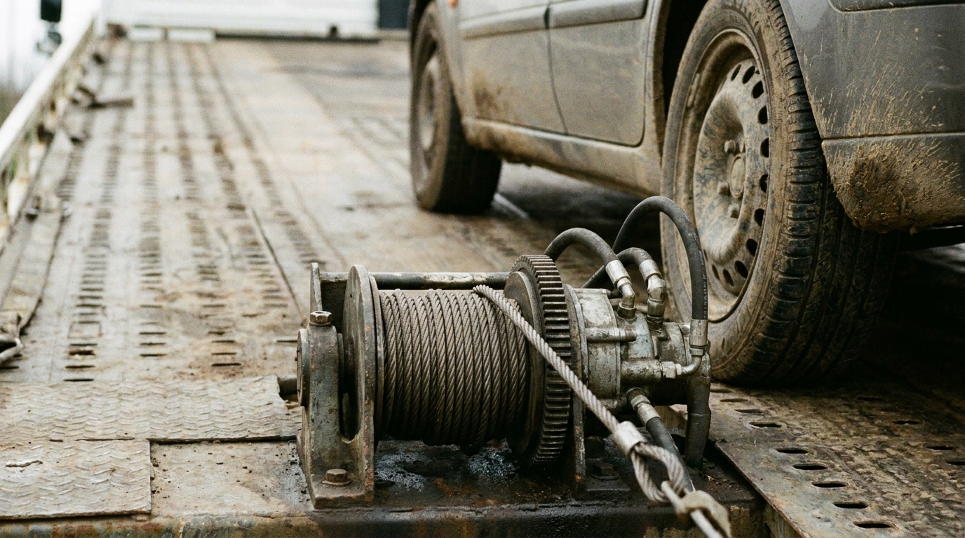 A project car being pulled onto a carrier deck by a hydraulic winch and cable