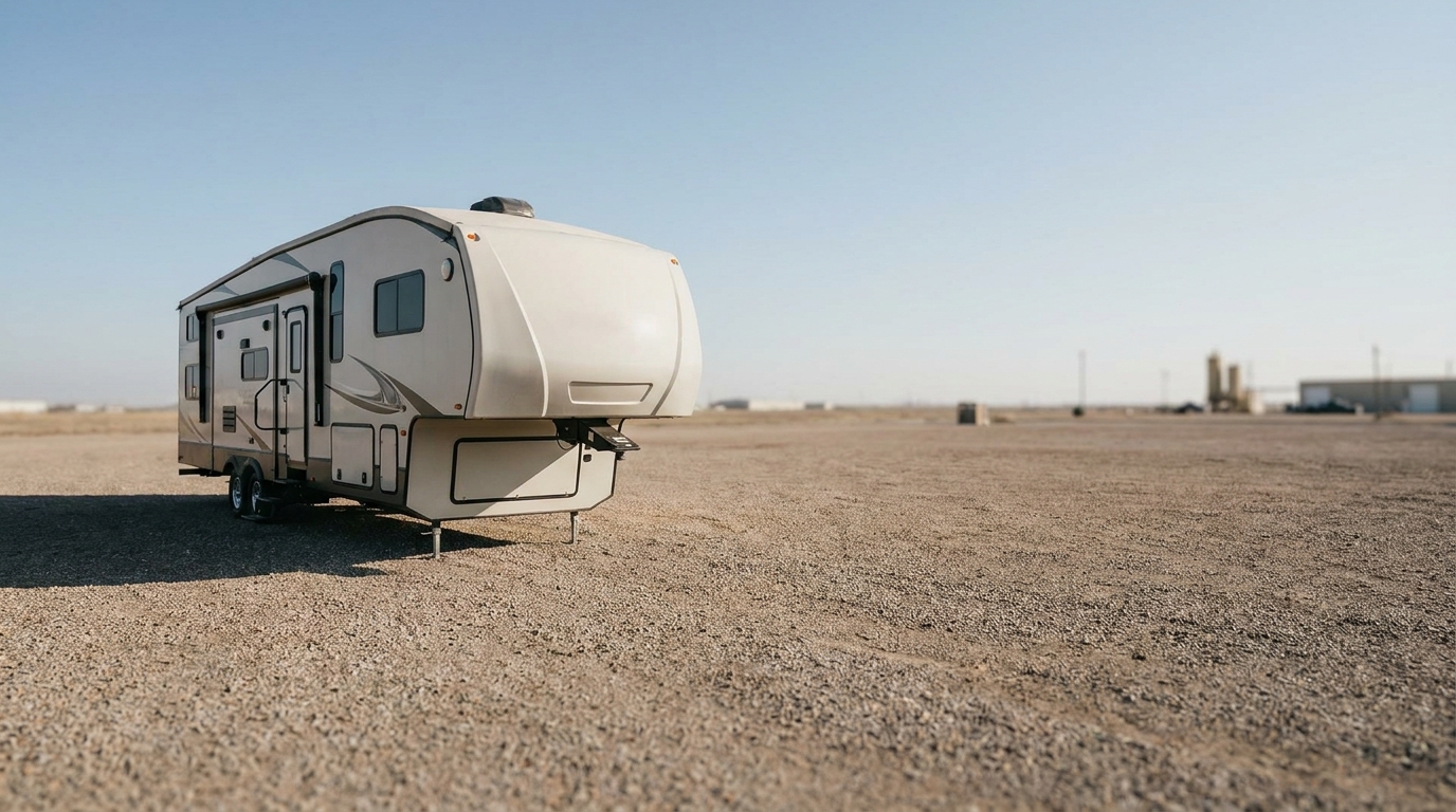 A towable fifth-wheel RV trailer staged for transport in a wide open lot under clear daylight