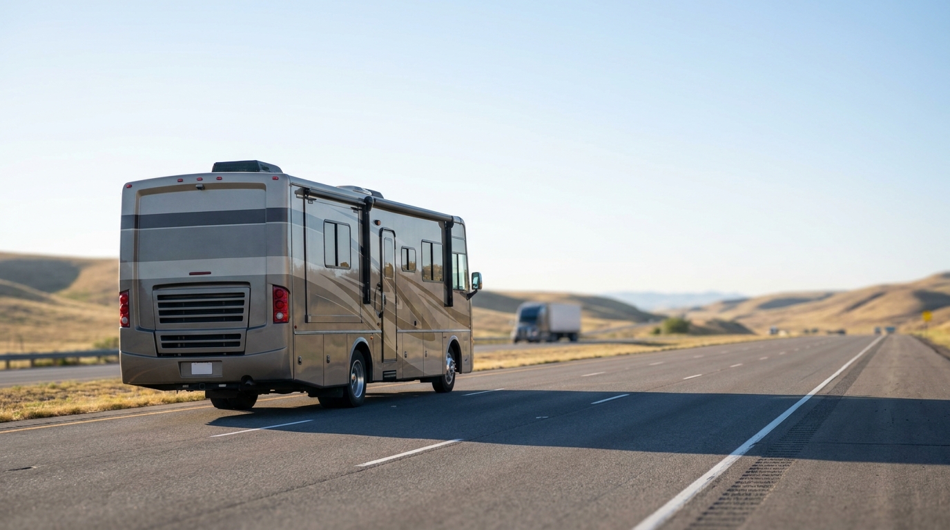 A large Class A motorhome on an open highway, illustrating driveaway transport of a drivable RV