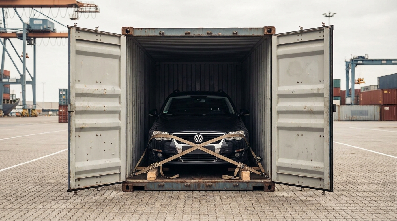 A shipping container being loaded with a secured vehicle inside at an export terminal