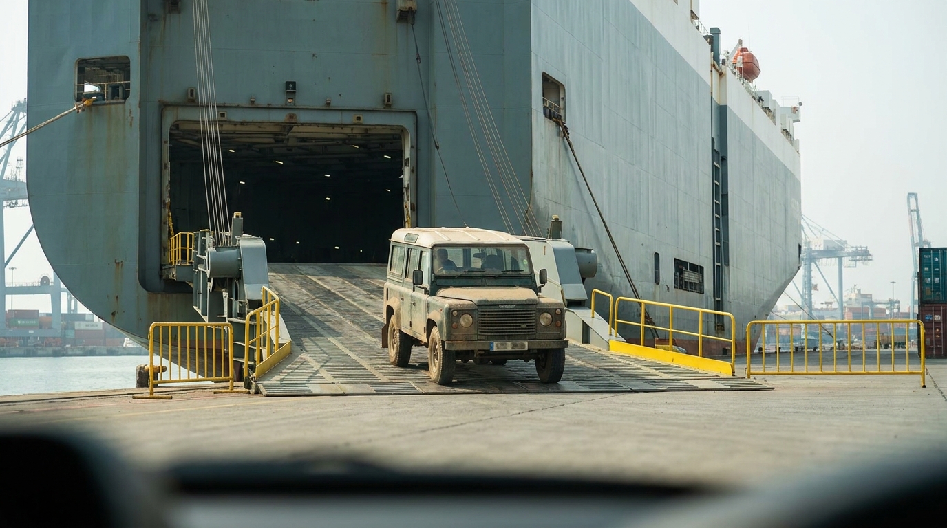 A car being driven up the ramp onto a roll-on roll-off ocean vehicle carrier at a busy port