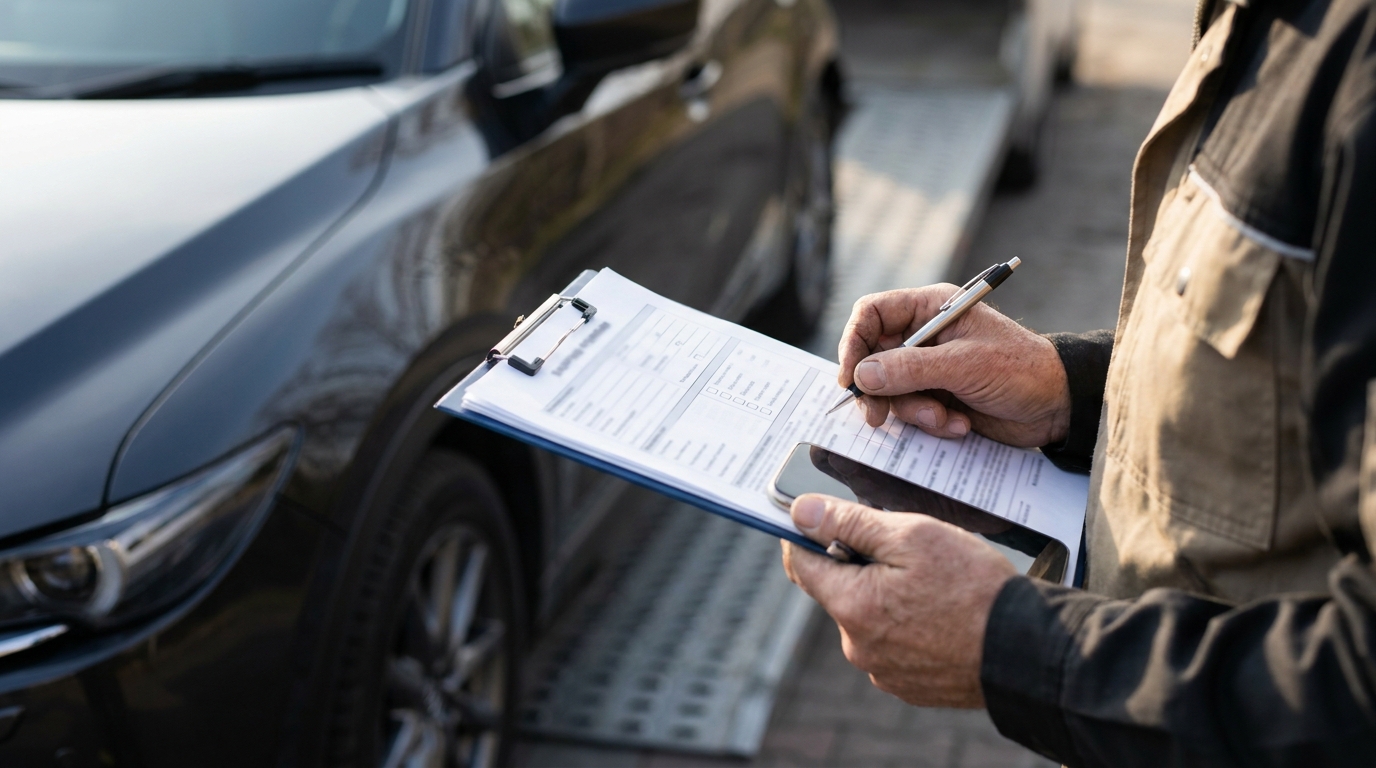 A service member reviewing vehicle shipping paperwork and photographing the car before a PCS shipment