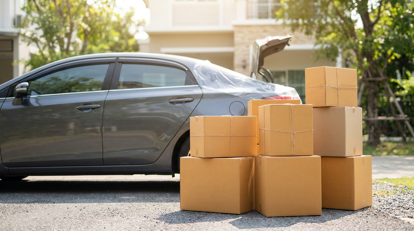 Moving boxes beside a car being prepared for transport during a household relocation