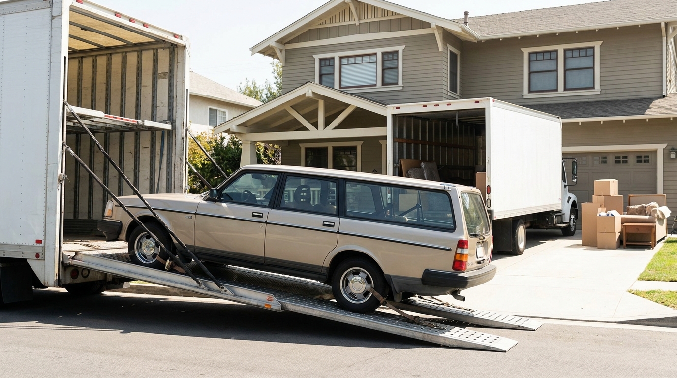 A car being loaded onto a carrier outside a home while a household moving truck is parked nearby