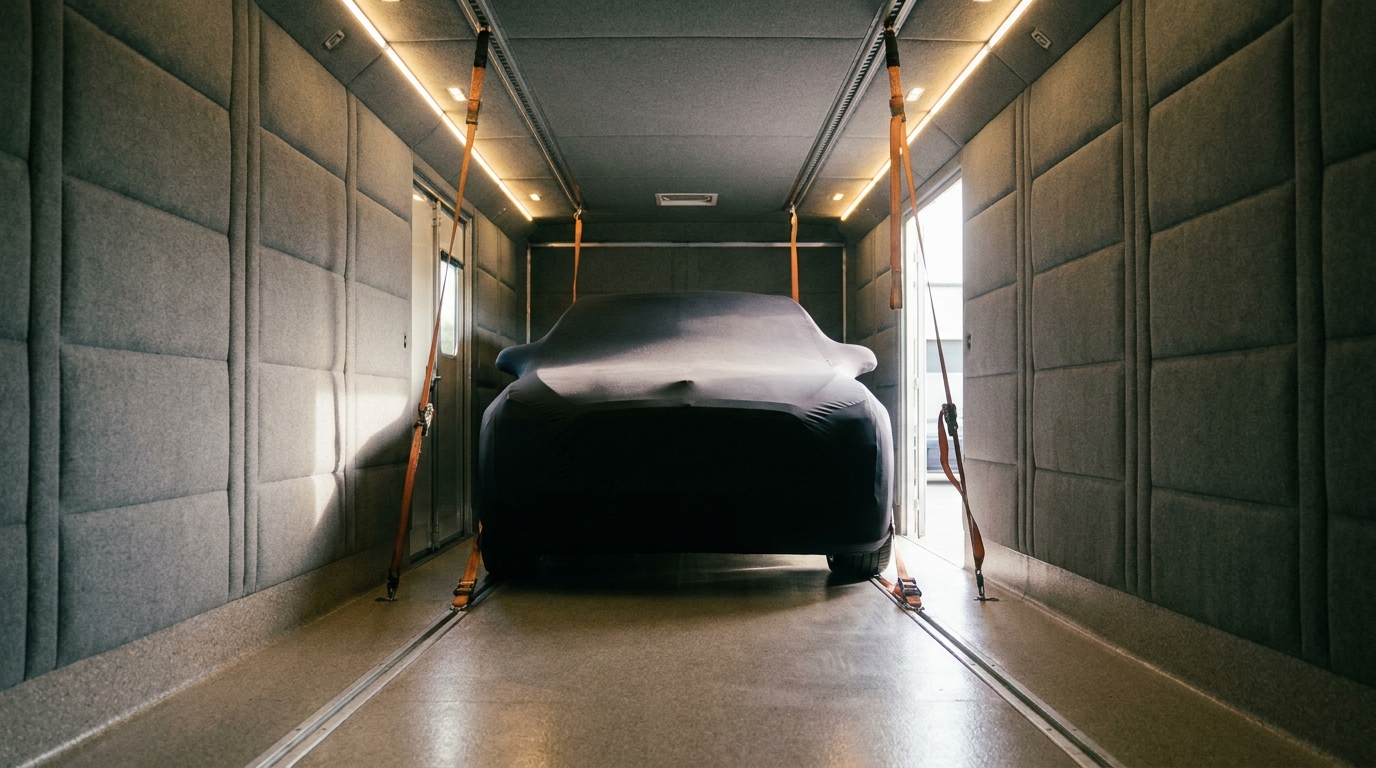 The interior of an enclosed transport trailer with a single clean luxury sedan secured inside under soft even lighting