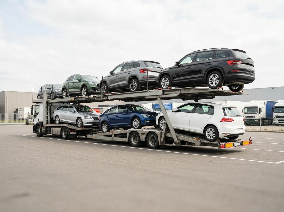 A two-level open car-carrier trailer loaded with a mix of clean sedans and SUVs parked in a paved depot under bright daylight