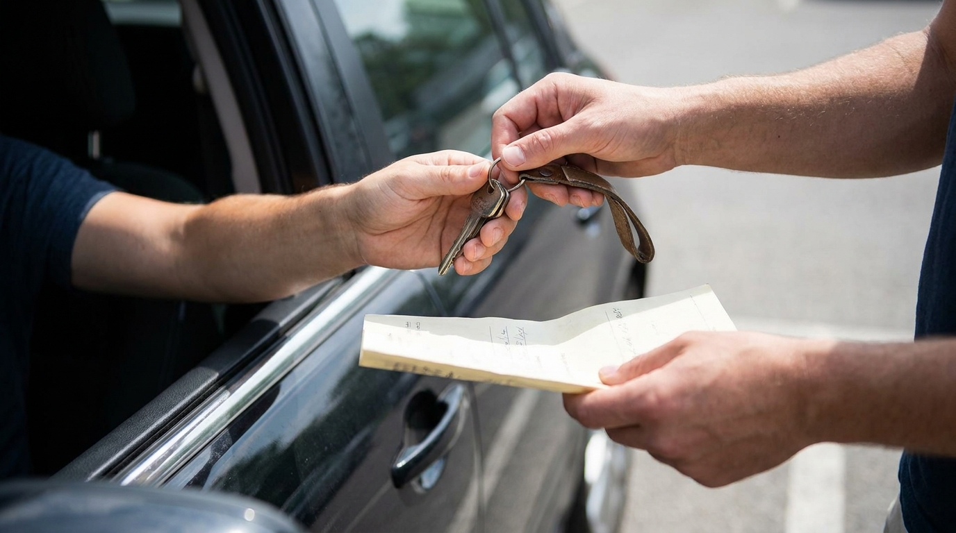 A seller handing car keys and a bill of sale to a transport driver at pickup