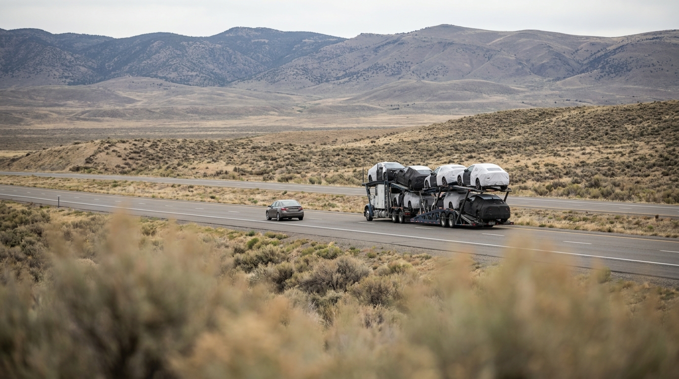 A car carrier on a long open highway passing a single car, illustrating the choice to ship or drive