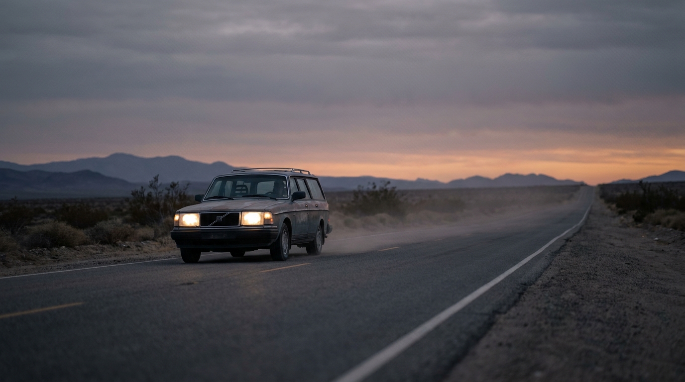 A lone car on an empty long-distance highway at dusk, evoking a tiring solo cross-country drive