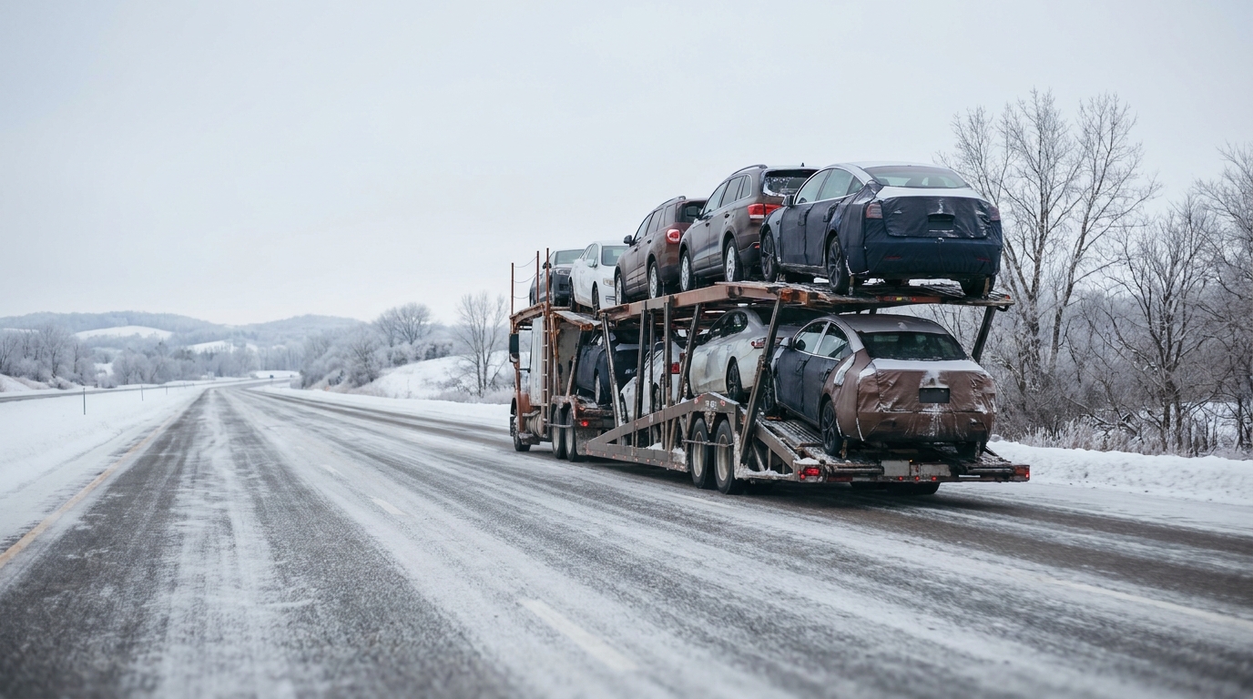 A loaded car carrier driving a snowy winter highway through a cold, wintry landscape