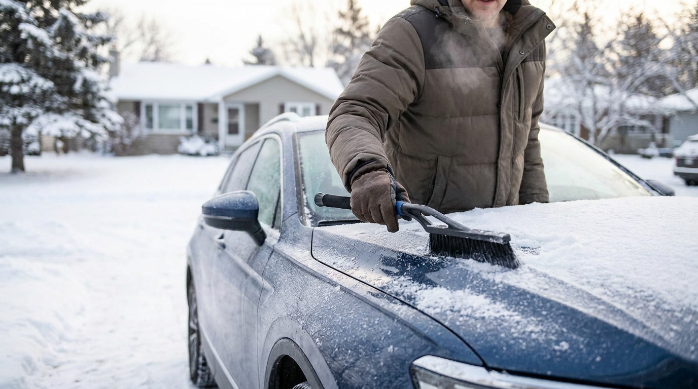 A person brushing snow off a car and checking it before a cold-weather shipment