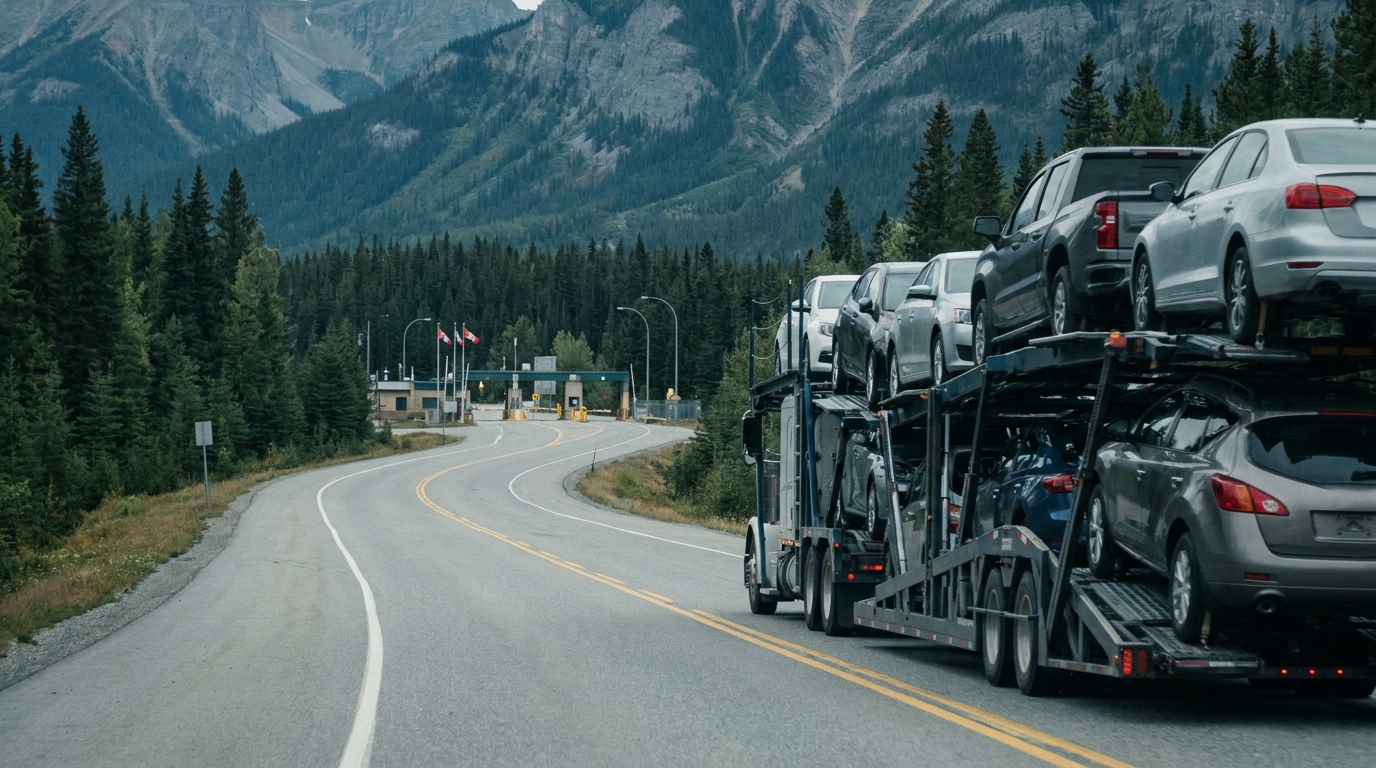 A car carrier on a highway approaching a northern land border crossing station