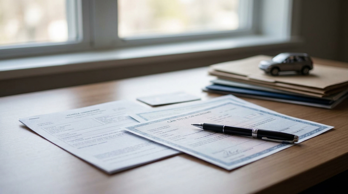 Cross-border vehicle shipping paperwork and a title laid out for customs clearance