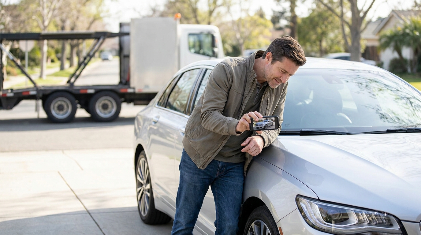 A buyer inspecting a newly delivered car in their driveway, checking it against photos on a phone