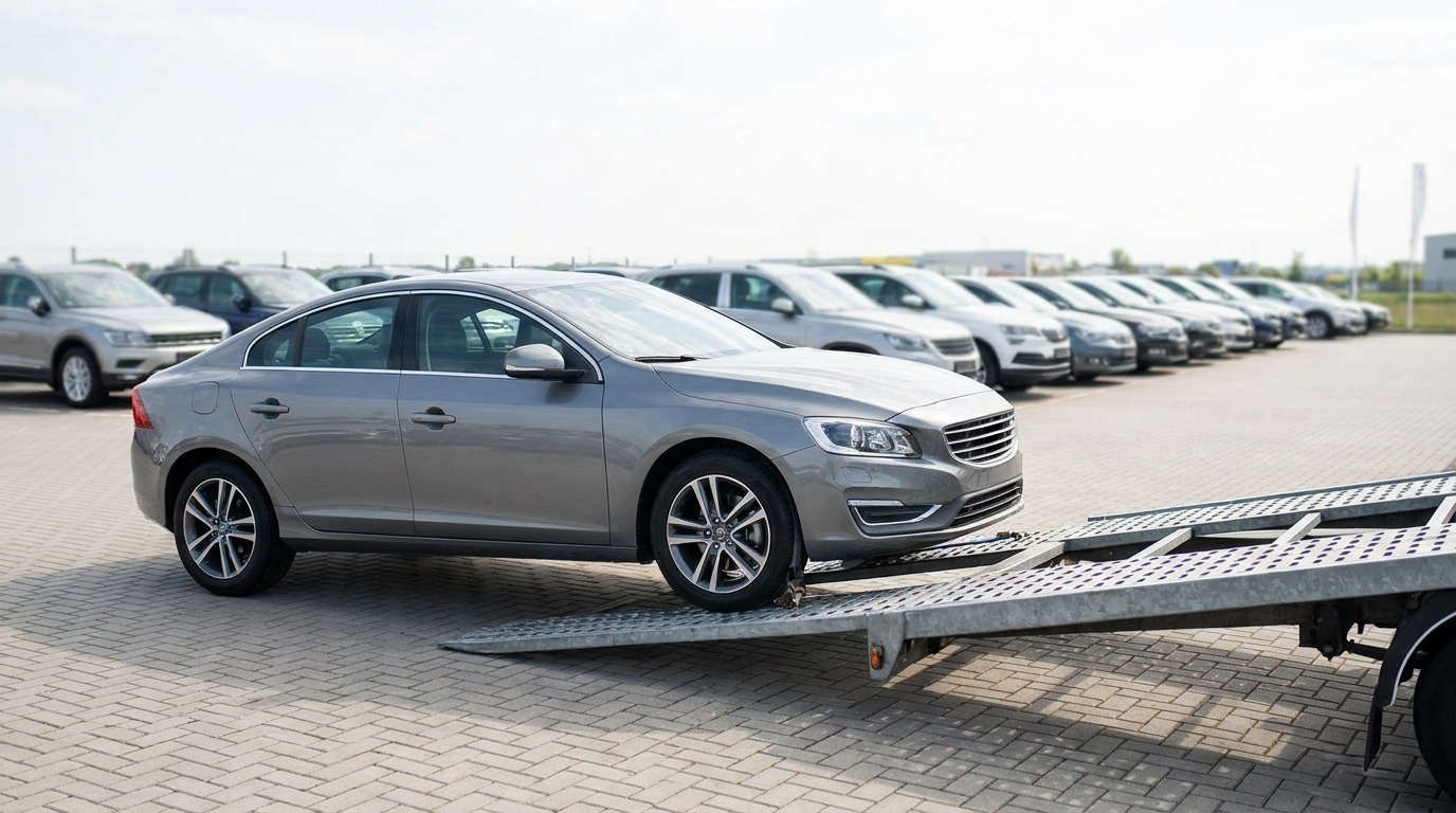 A car being loaded onto a carrier at a dealership lot for delivery to an online buyer