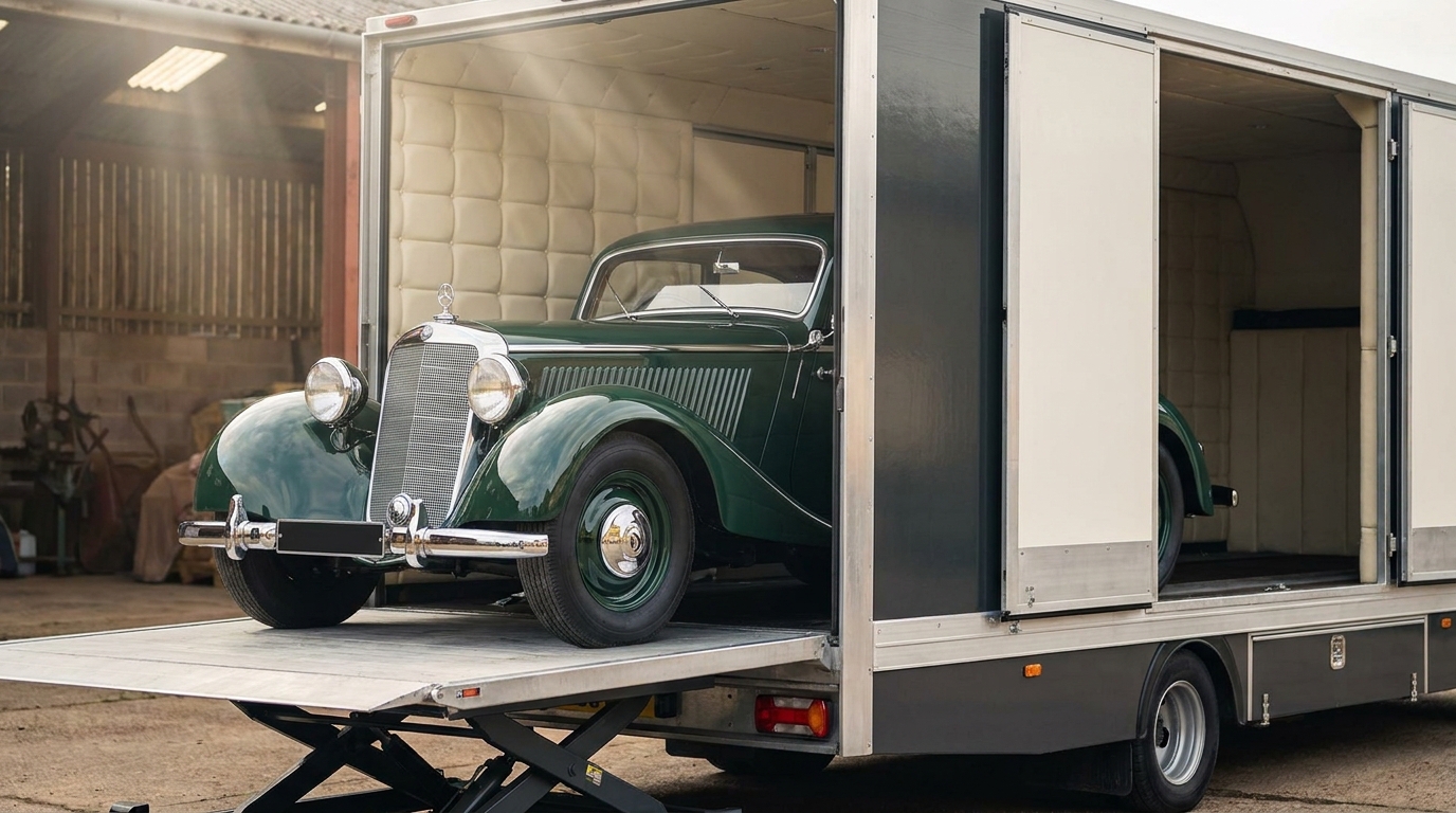 A gleaming vintage sports car being carefully guided into a spotless enclosed transport trailer