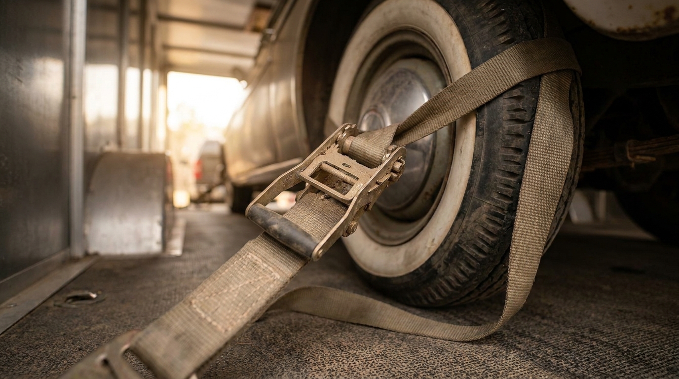 Soft wheel straps securing a classic car by the tires inside an enclosed trailer