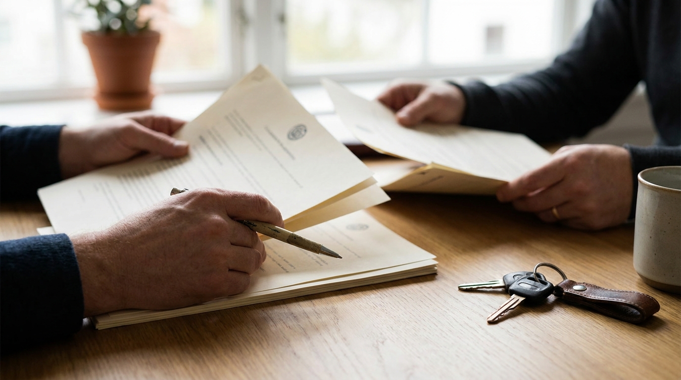 A vehicle owner reviewing loan and lease documents at a table beside a car before a shipment