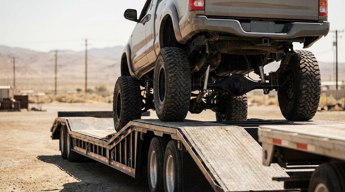 A large lifted pickup truck being loaded onto an open car carrier at a depot