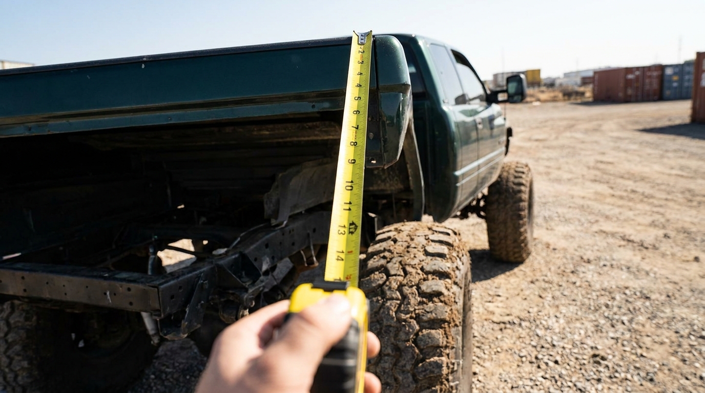 A person measuring the height of a lifted truck with oversized tires before shipping