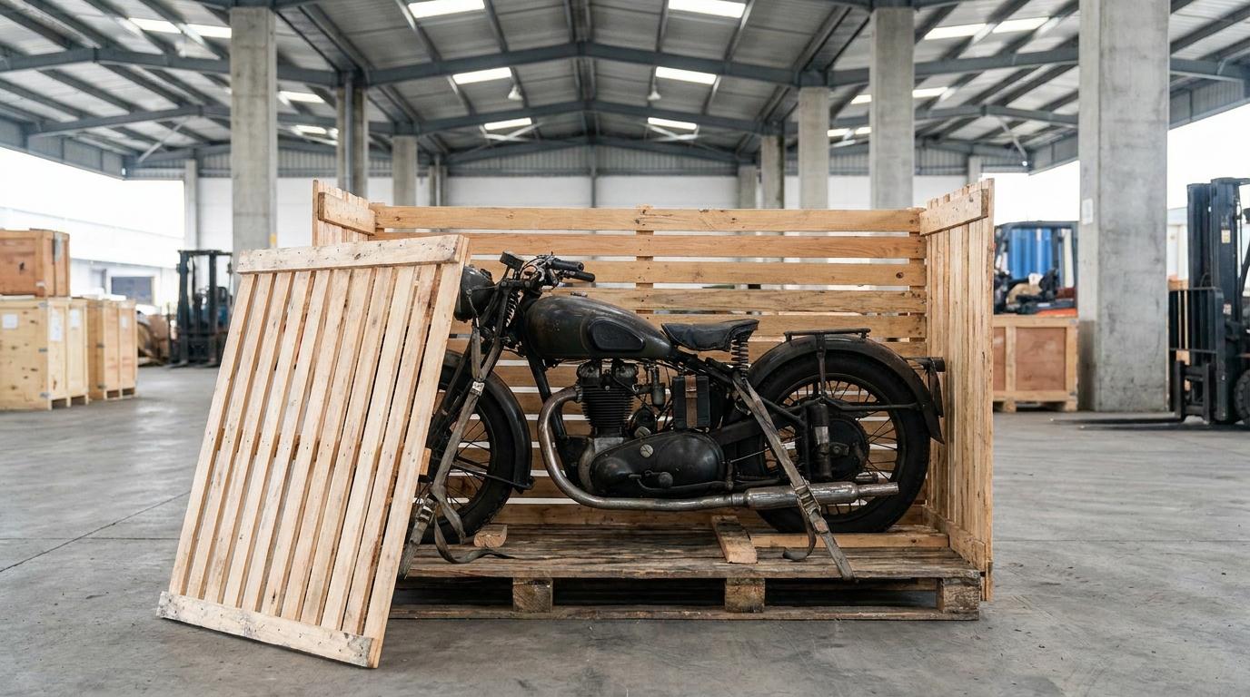 A motorcycle secured on a pallet inside a protective shipping crate ready for transport