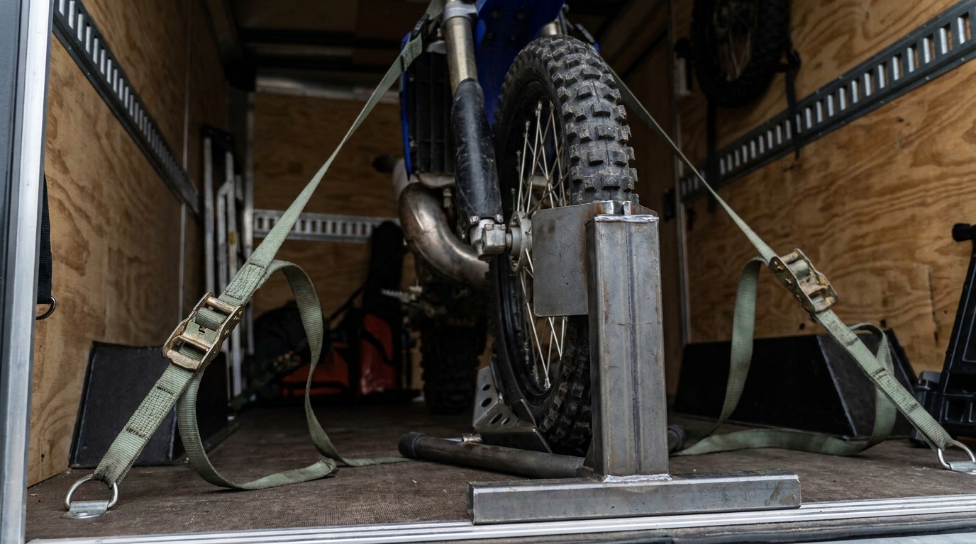 A motorcycle secured upright in a wheel chock with soft straps inside a clean enclosed trailer