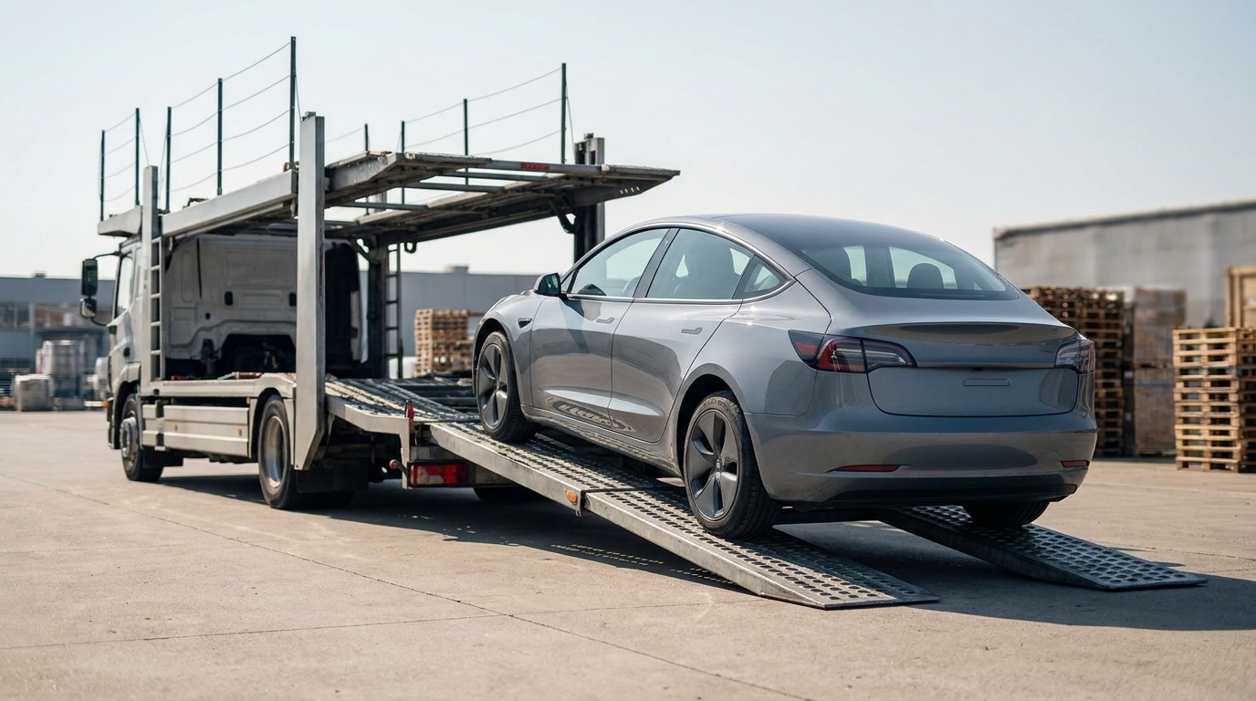 A modern electric vehicle being loaded onto an open car carrier at a bright depot