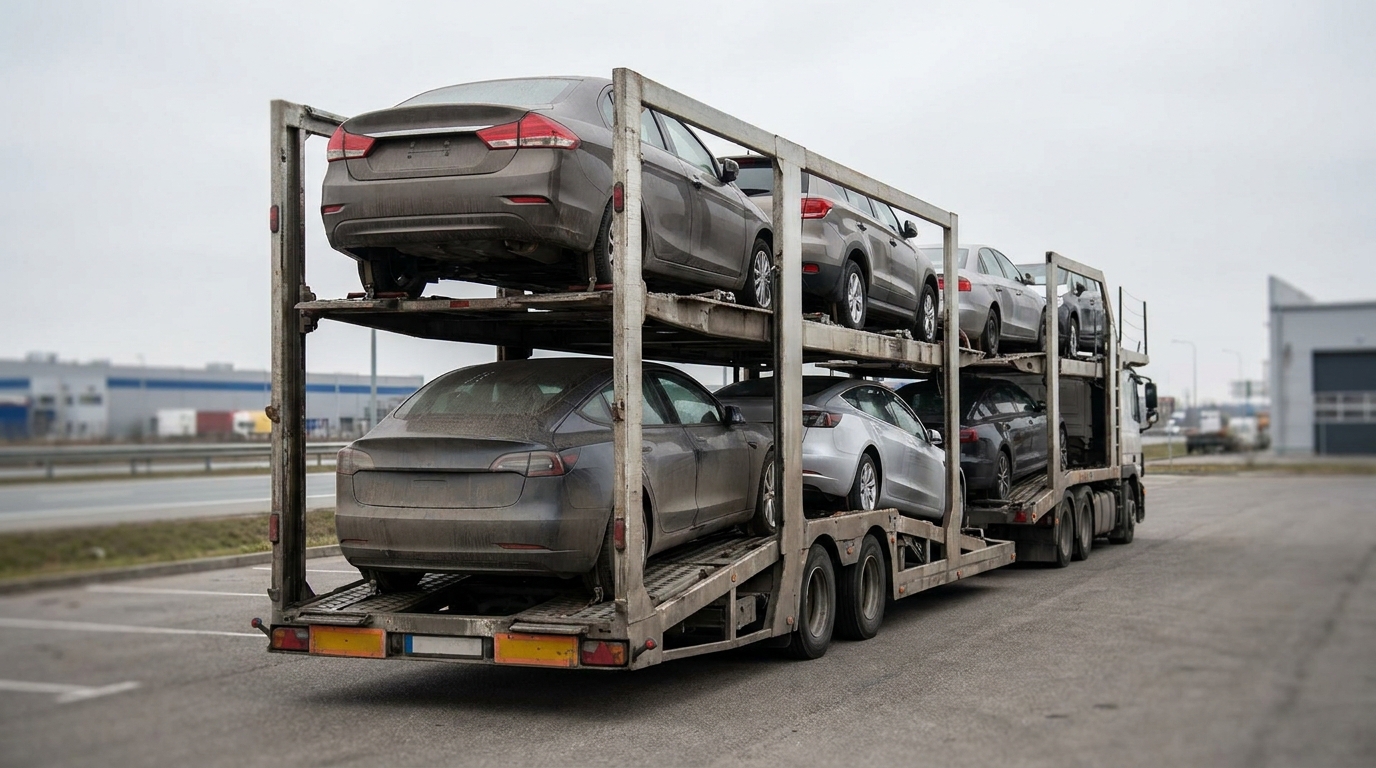 An open car carrier fully loaded with several vehicles on both decks at a depot