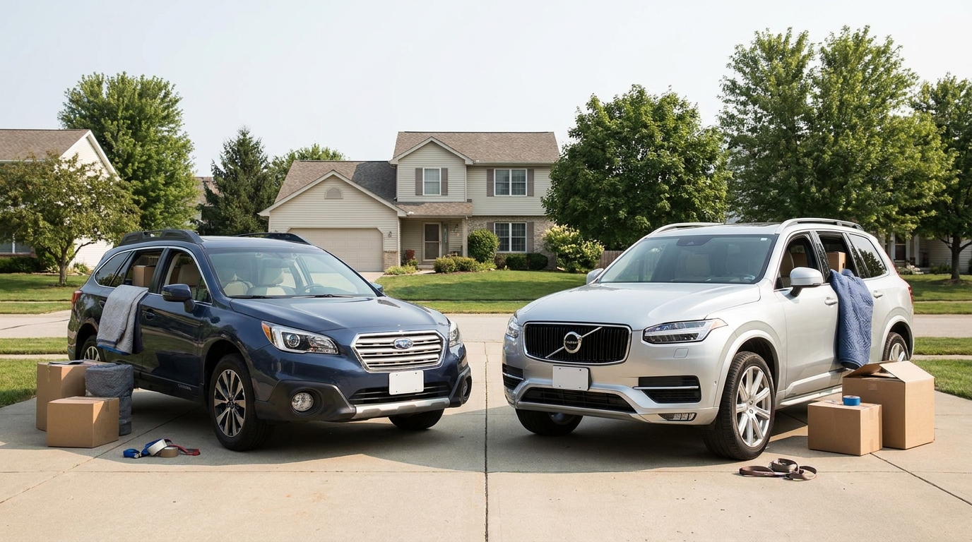 Two family cars staged in a driveway being prepared for a multi-vehicle shipment