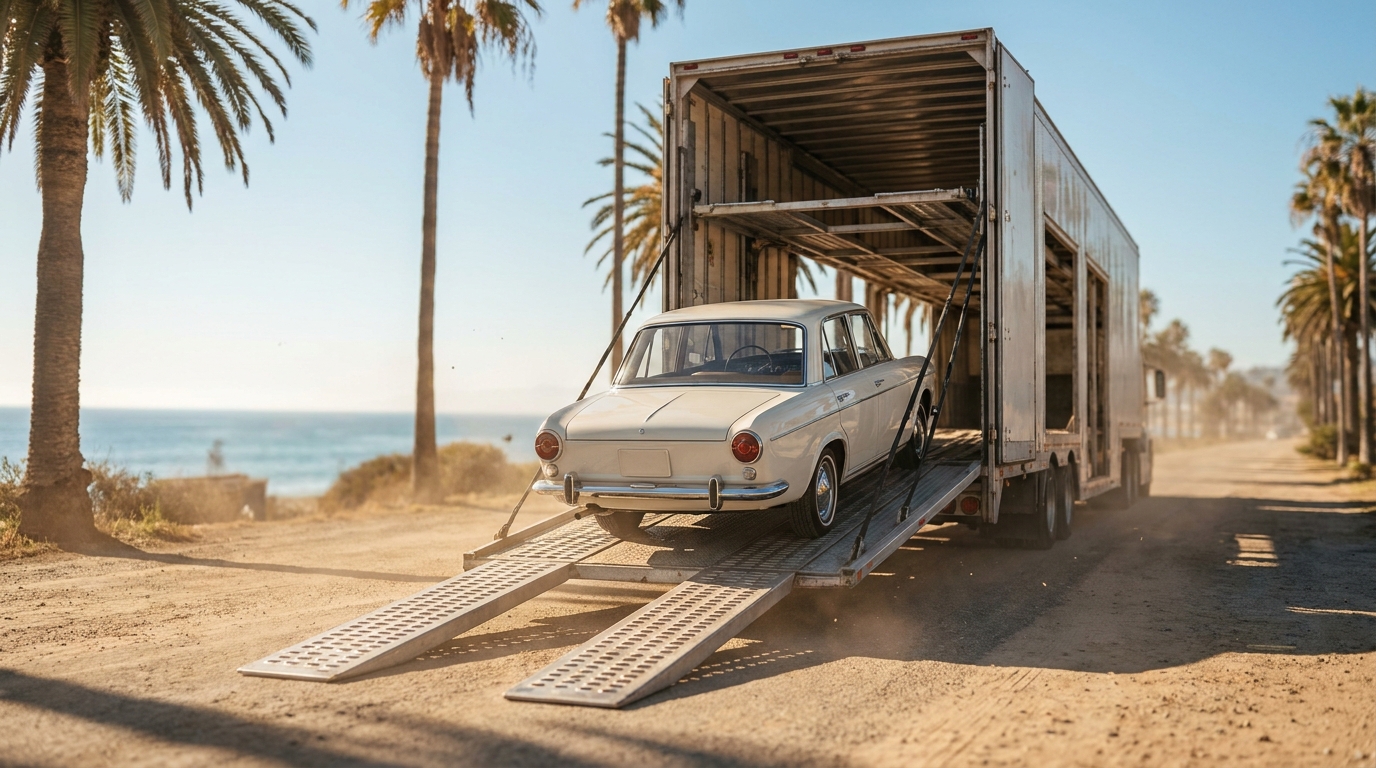 A car being unloaded from a carrier at a sunny warm-weather destination with clear skies
