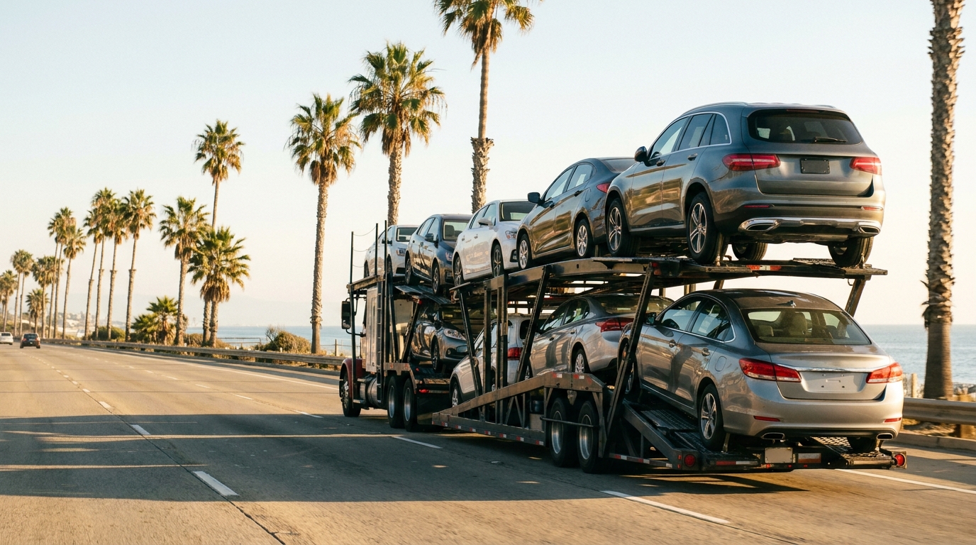 A loaded auto carrier traveling a sunlit southern highway lined with palm trees toward a warm-weather destination