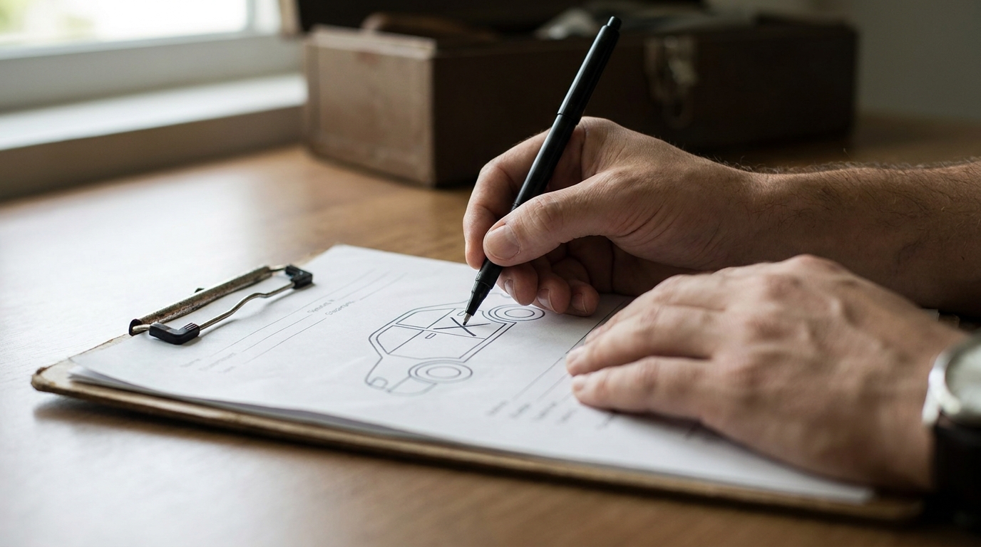 A close-up of a vehicle condition diagram on a bill of lading being marked with a pen to note existing scratches