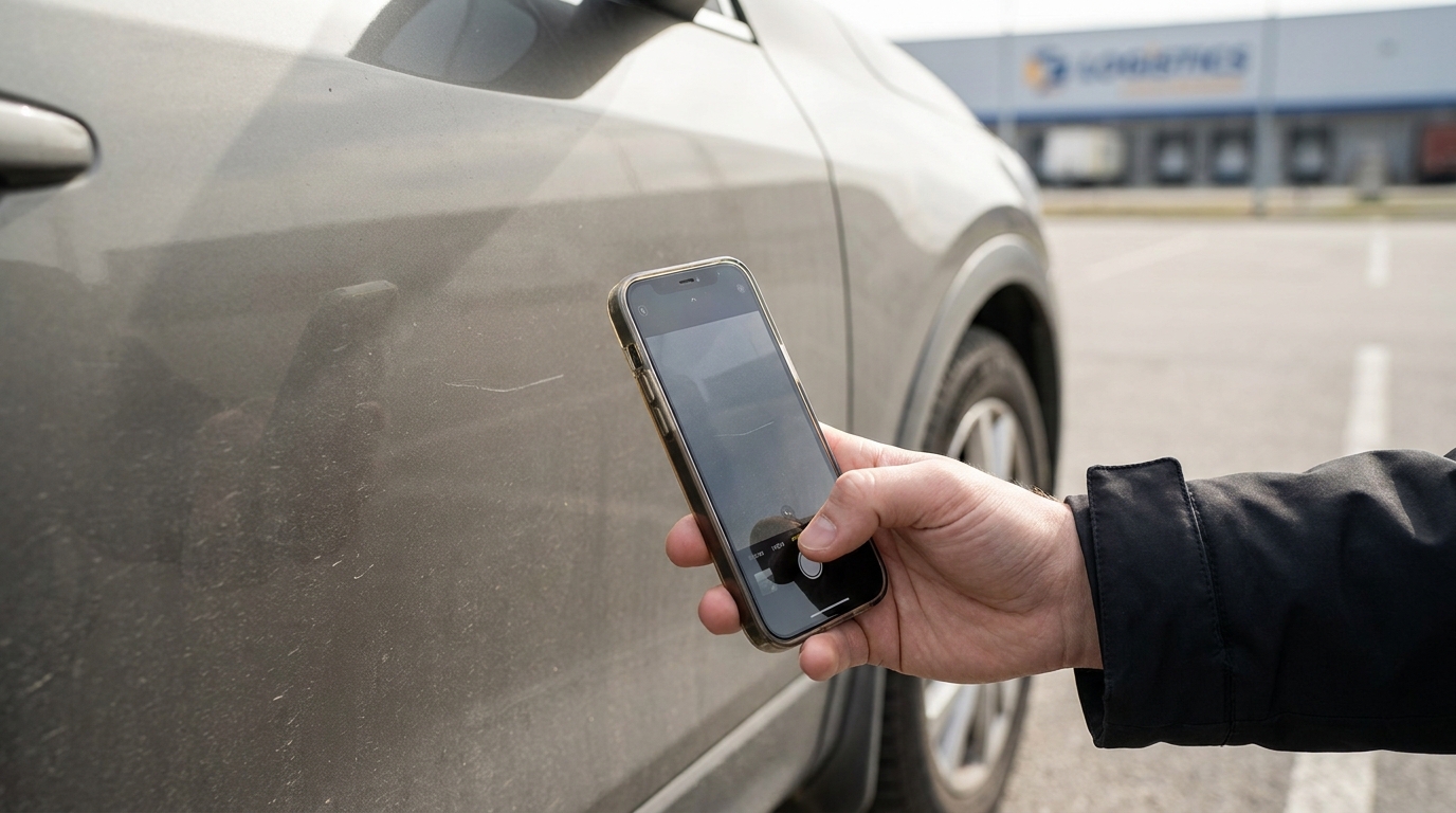 A car owner closely photographing a scratch on a delivered car with a smartphone before signing