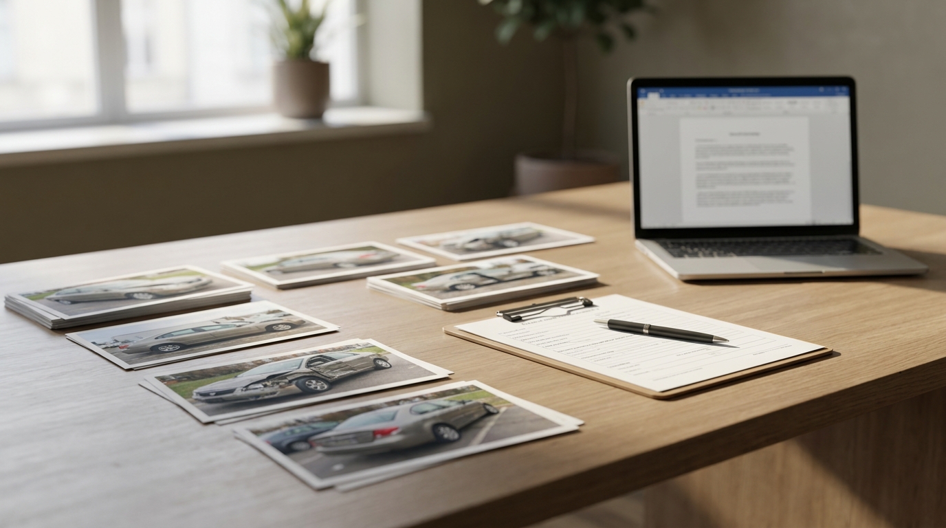 A person reviewing a car shipping claim with photos and paperwork laid out on a table